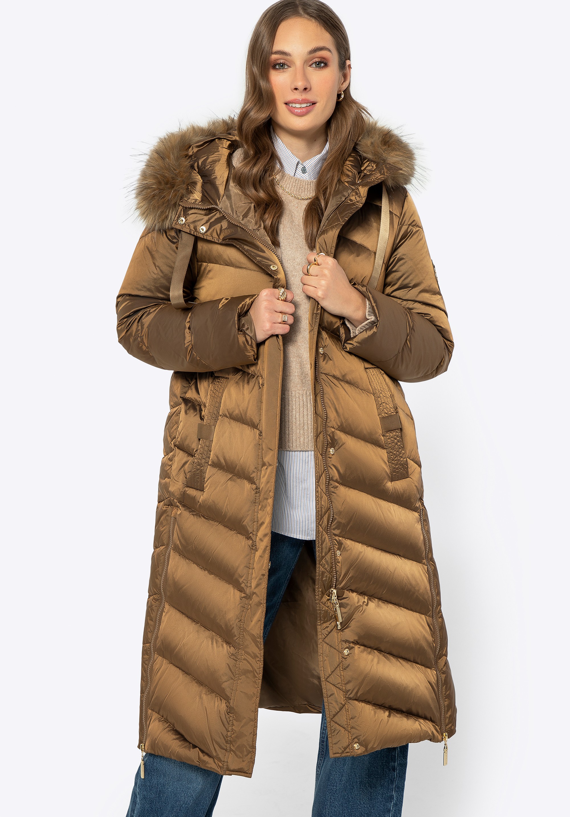 Damski płaszcz puchowy pikowany z nylonu złoty