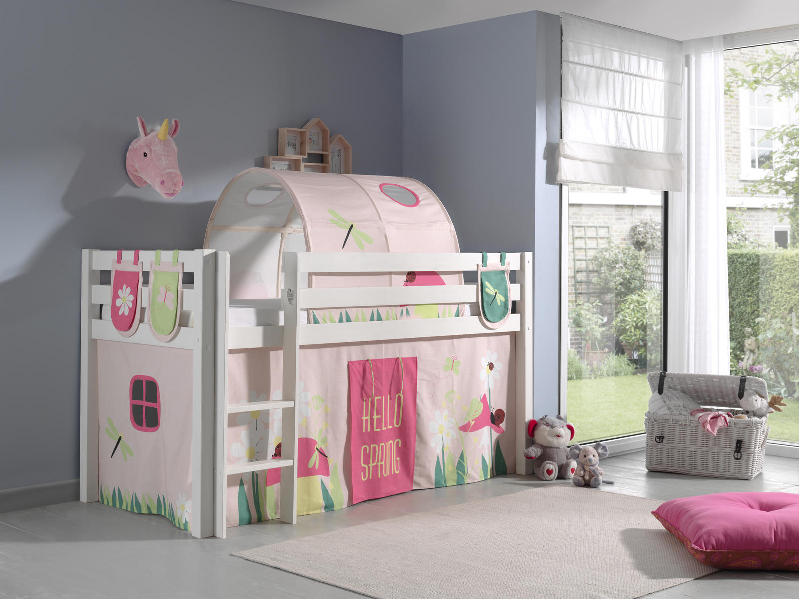 Dziecięce łóżko piętrowe z litego drewna białe dla dziewczynki Pino