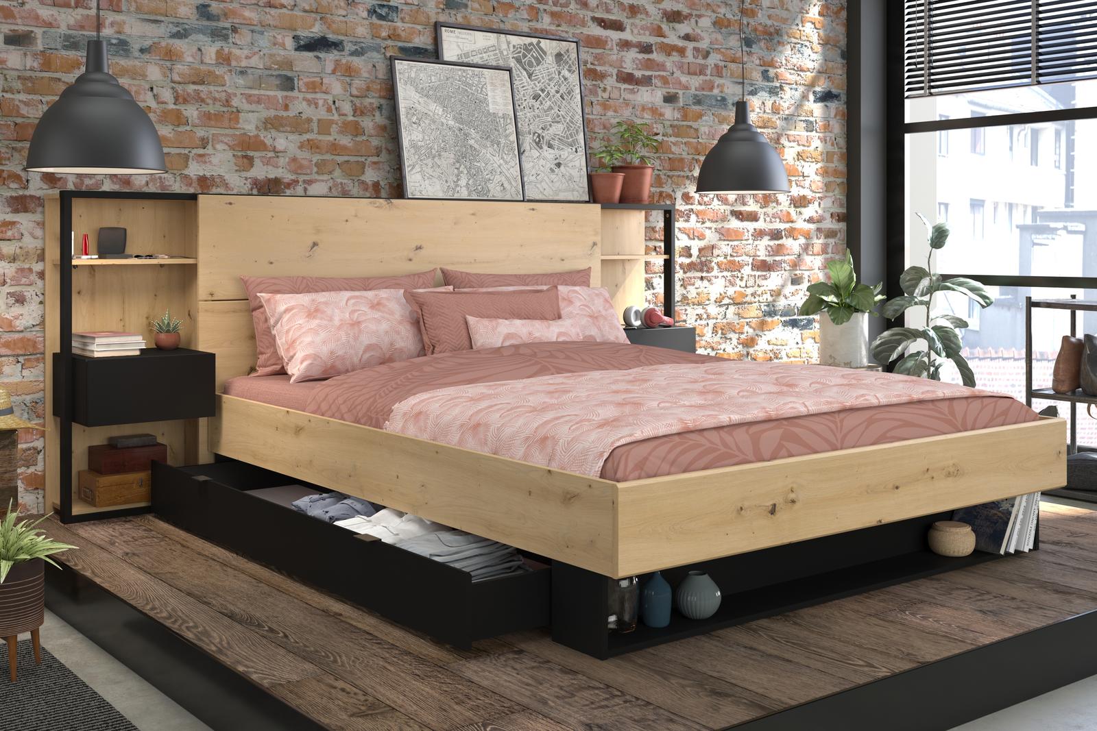 Łóżko podwójne z szufladą i wysuwanym stelażem Stamp czarne