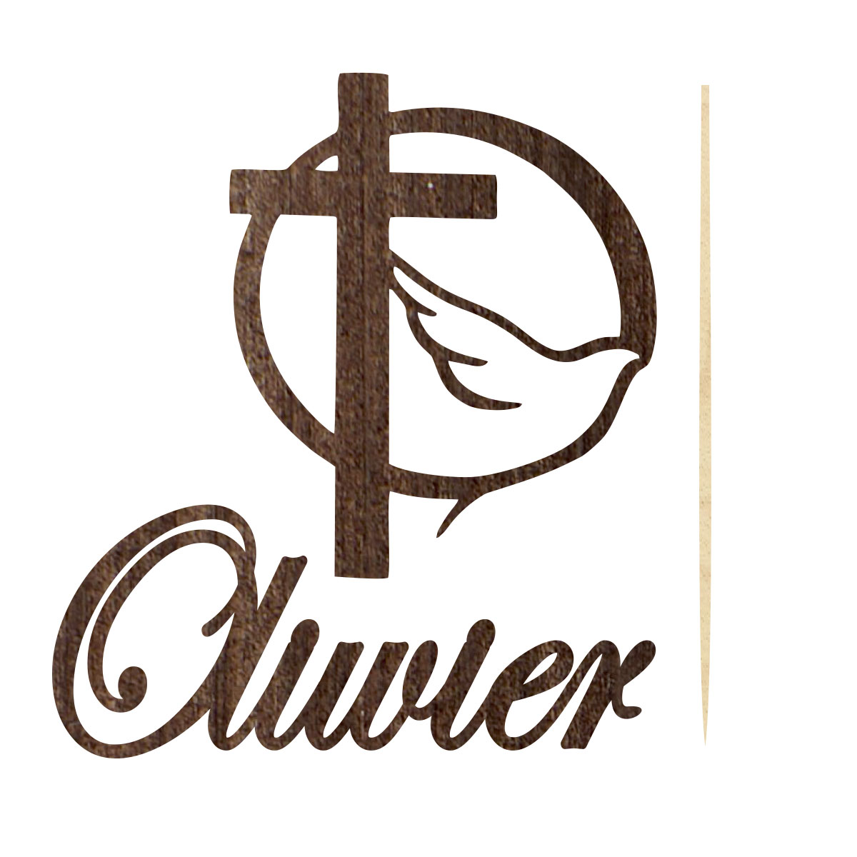 Topper dekoracja na bok tortu pik Pierwsza Komunia Święta gołąb drewno napis imię brąz rustykalny