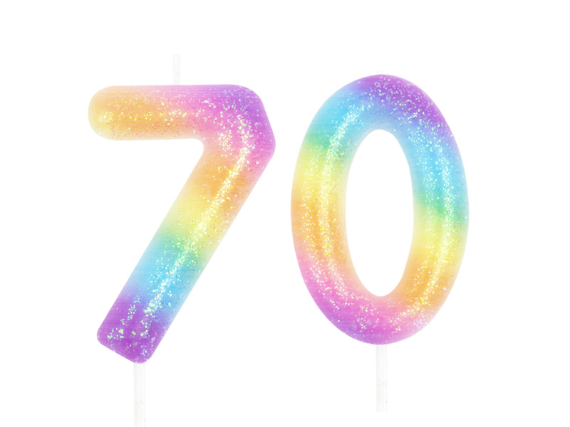 Świeczka urodzinowa na tort Cyfra 70, tęczowa z brokatem, 10 cm