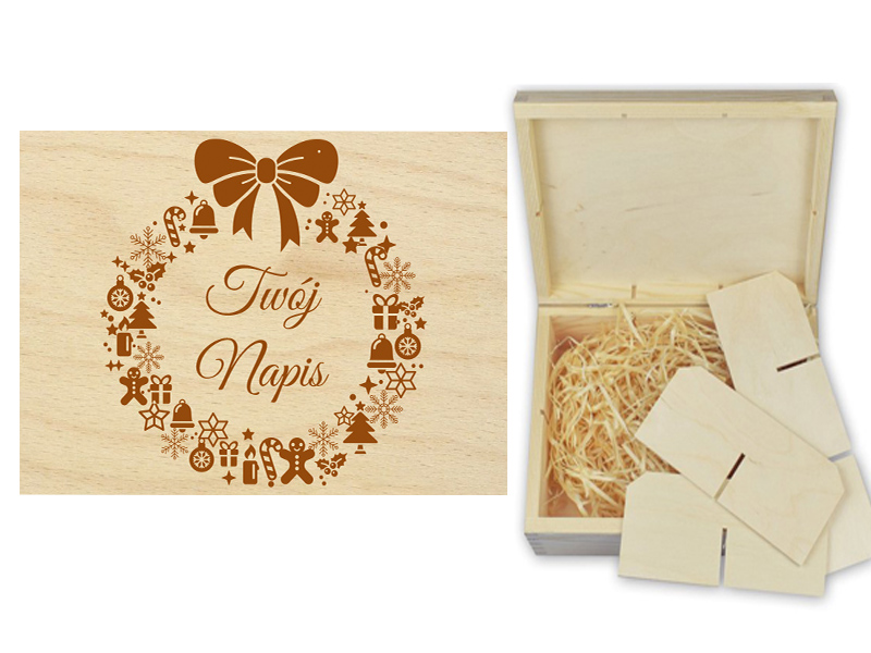 Drewniane pudełko, herbaciarka z grawerem i wełną drzewną, niezbędnik, pudełko na gumki, prezent na święta Bożego Narodzenia.