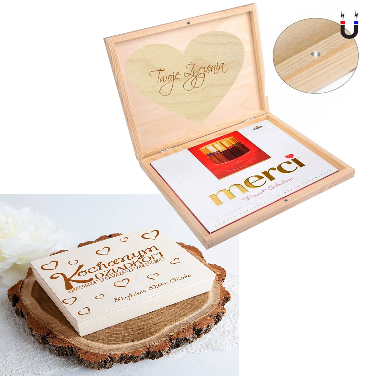 Pudełko na czekoladki Merci prezent podziękowanie dla babci mamy twój napis grawer