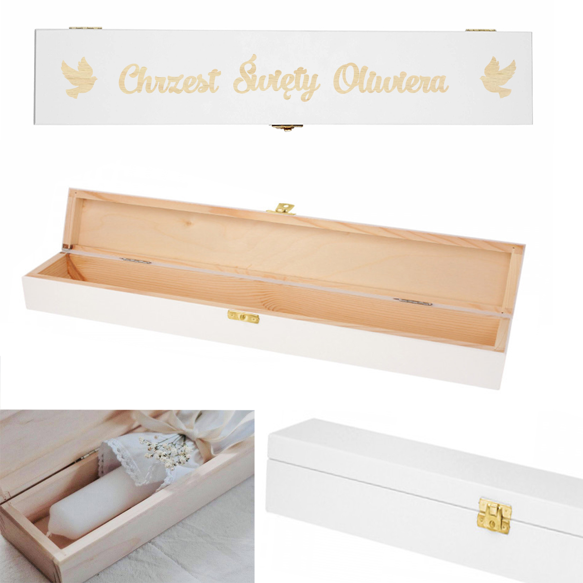 Pudełko drewniane na świecę na Chrzest Święty, kolor biały, imię data napis drewno