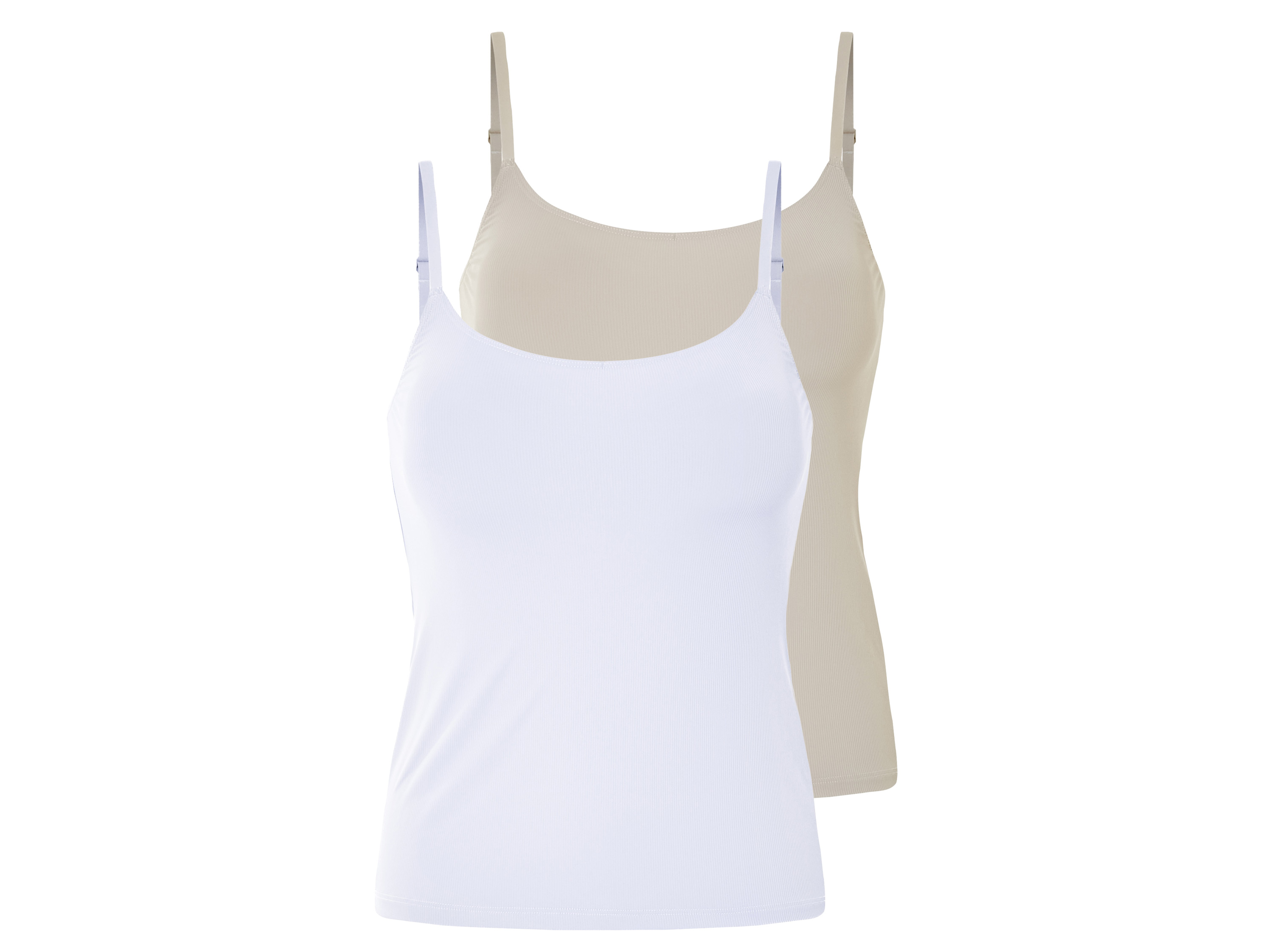 esmara Topy damskie prążkowane na cienkich ramiączkach, 2 sztuki Biały/beżowy, L44/46