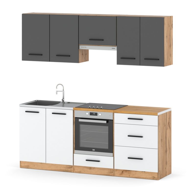 Zestaw Kuchenny Hurtownia-Mebli Z Blatem Kuchnia Mini Mokka Full 200cm Dąb Wotan Szary Mat/Biały Mat 200x47x145 cm 1szt.