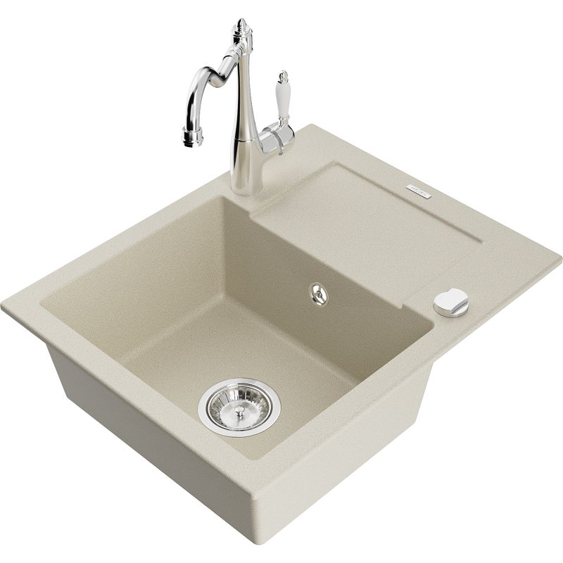 Zlewozmywak granitowy 1-komorowy Mexen Enzo z ociekaczem i baterią kuchenną Carla beżowy - 6506-69-670700-50 1 szt.