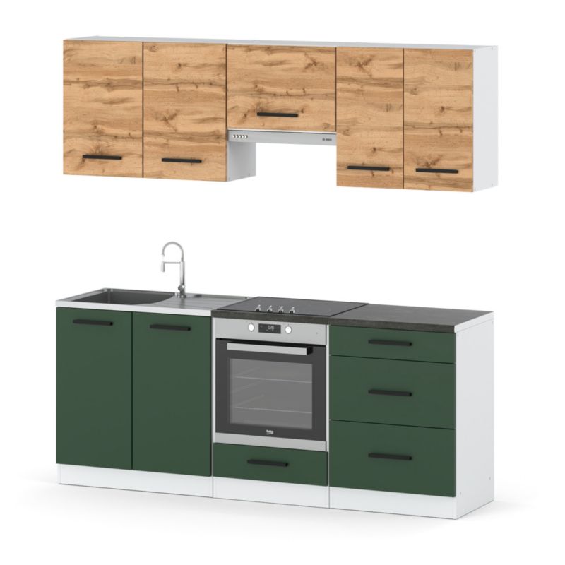 Zestaw Kuchenny Hurtownia-Mebli Z Blatem Kuchnia Mini Mokka Full 200cm Biały Mat Dąb Wotan/Butelkowa Zieleń 200x47x145 cm 1szt.