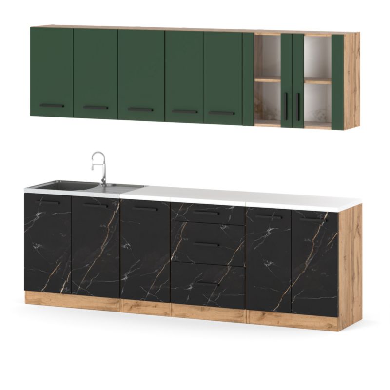 Zestaw Kuchenny Hurtownia-Mebli Z Blatem Kuchnia Remino 260cm Dąb Wotan Butelkowa Zieleń/San Sebastian 260x47x145 cm 1szt.
