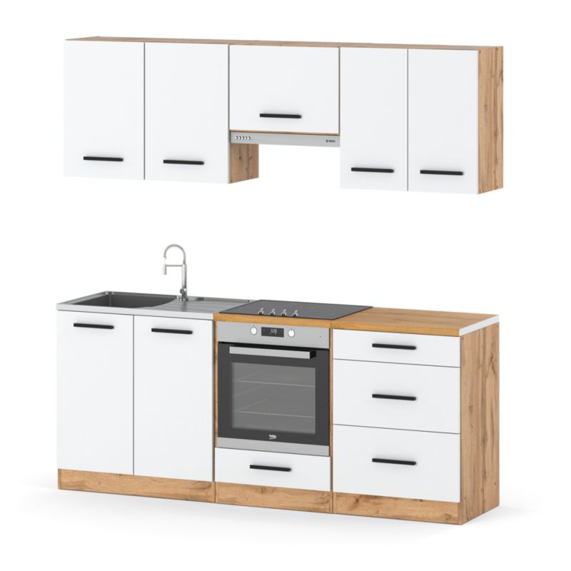 Zestaw Kuchenny Hurtownia-Mebli Z Blatem Kuchnia Mini Mokka Full 200cm Dąb Wotan Biały Mat 200x47x145 cm 1szt.