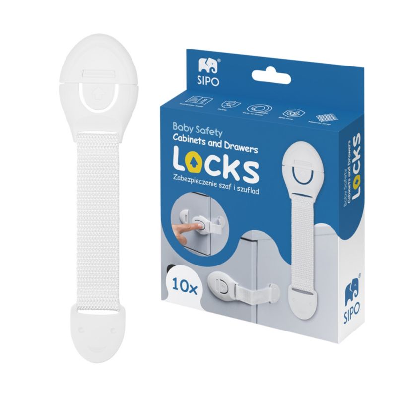Zabezpieczenia szaf i szuflad SIPO, z paskiem elastycznym na zatrzask, ABS, 10 szt.