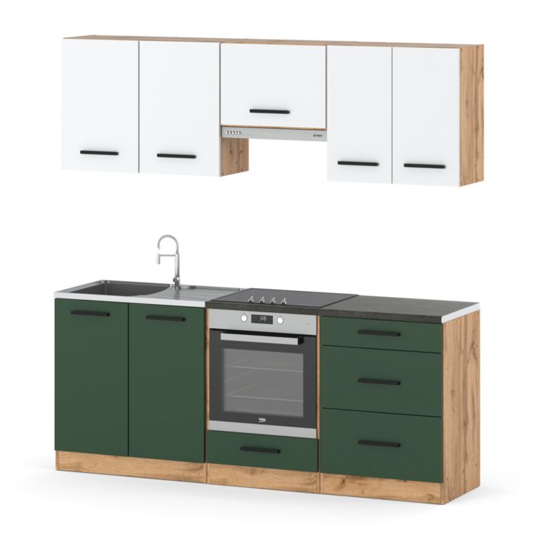 Zestaw Kuchenny Hurtownia-Mebli Z Blatem Kuchnia Mini Mokka Full 200cm Dąb Wotan Biały Mat/Butelkowa Zieleń 200x47x145 cm 1szt.