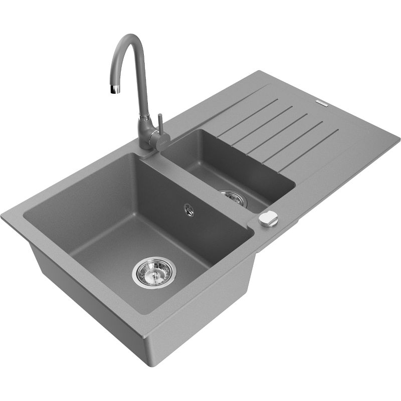 Zlewozmywak granitowy 2-komorowy Mexen Mario z baterią kuchenną Aster beżowy - 6504-69-73450-70-B 1 szt.