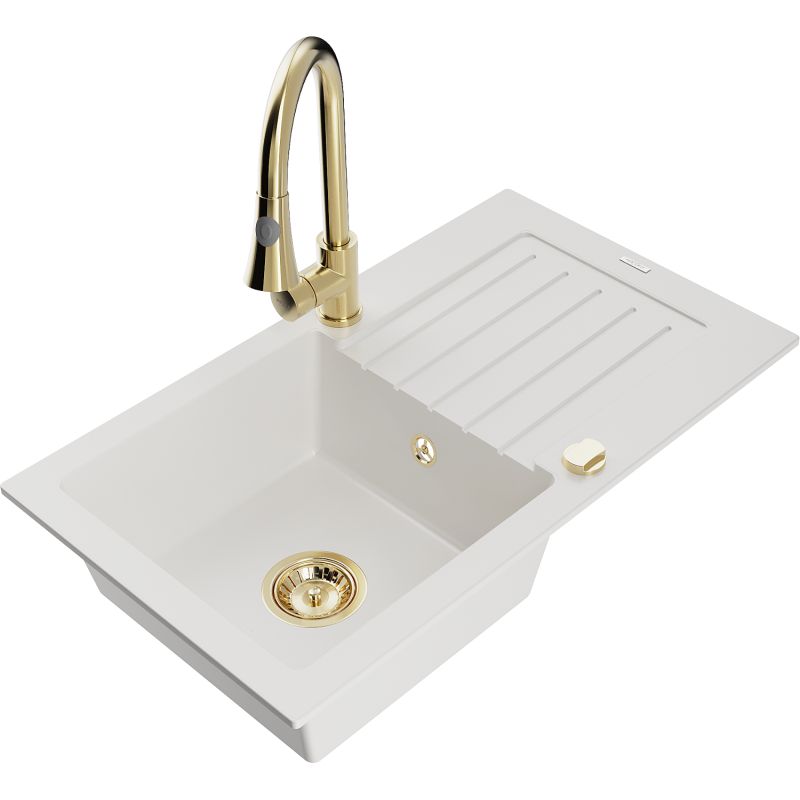 Zlewozmywak granitowy 1-komorowy Mexen Pablo z ociekaczem i baterią kuchenną Elia biały 6510-20-670101-50