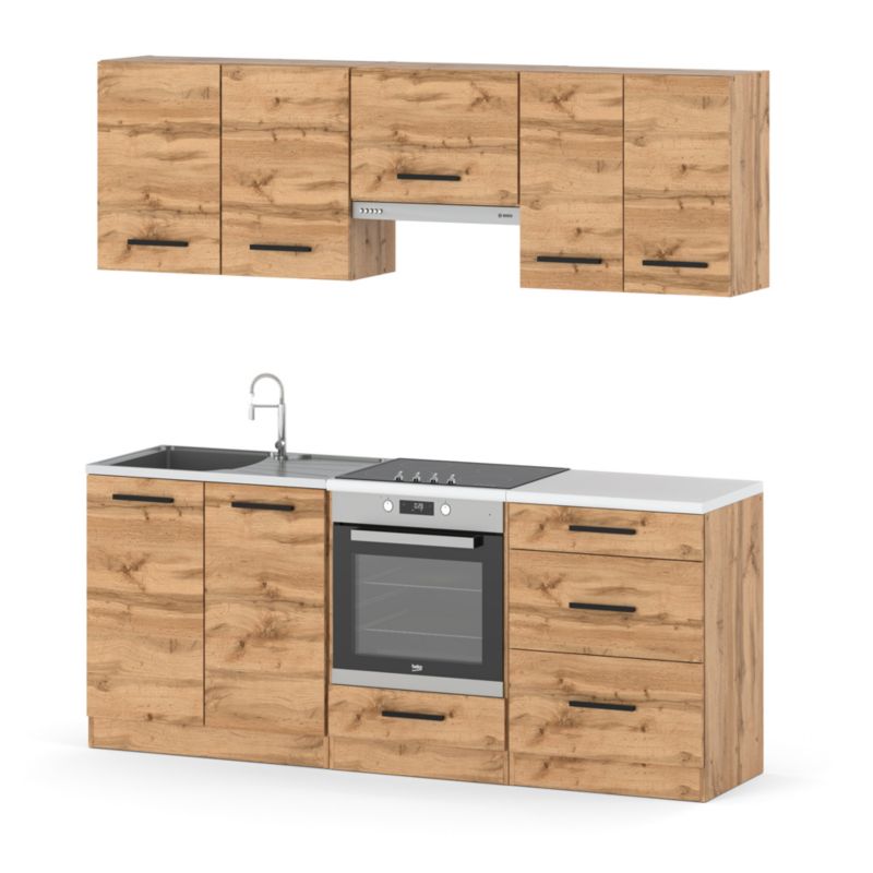 Zestaw Kuchenny Hurtownia-Mebli Z Blatem Kuchnia Mini Mokka Full 200cm Dąb Wotan Dąb Wotan 200x47x145 cm 1szt.