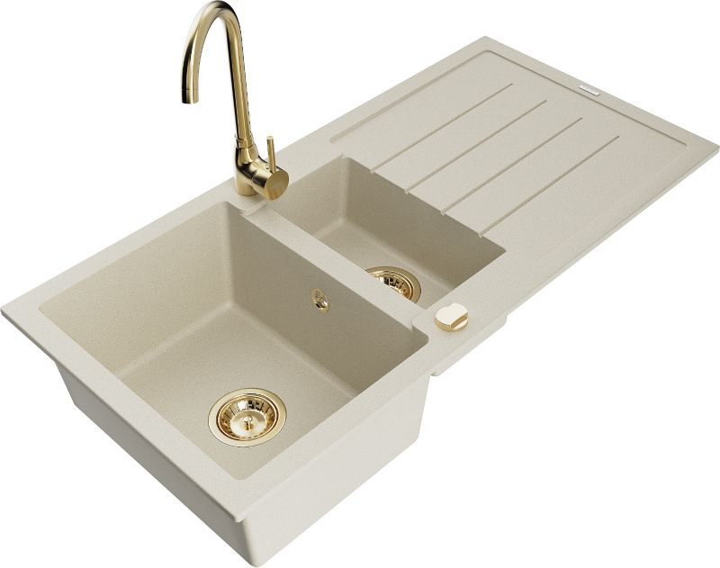 Zlewozmywak granitowy Mexen Andres 1,5-komorowy z ociekaczem i baterią kuchenną Telma beżowy 6515-69-670200-50