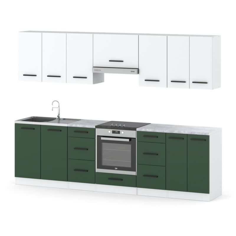 Zestaw Kuchenny Hurtownia-Mebli Z Blatem Kuchnia Roma 280cm Biały Mat Biały Mat/Butelkowa Zieleń 280x47x145 cm 1szt.