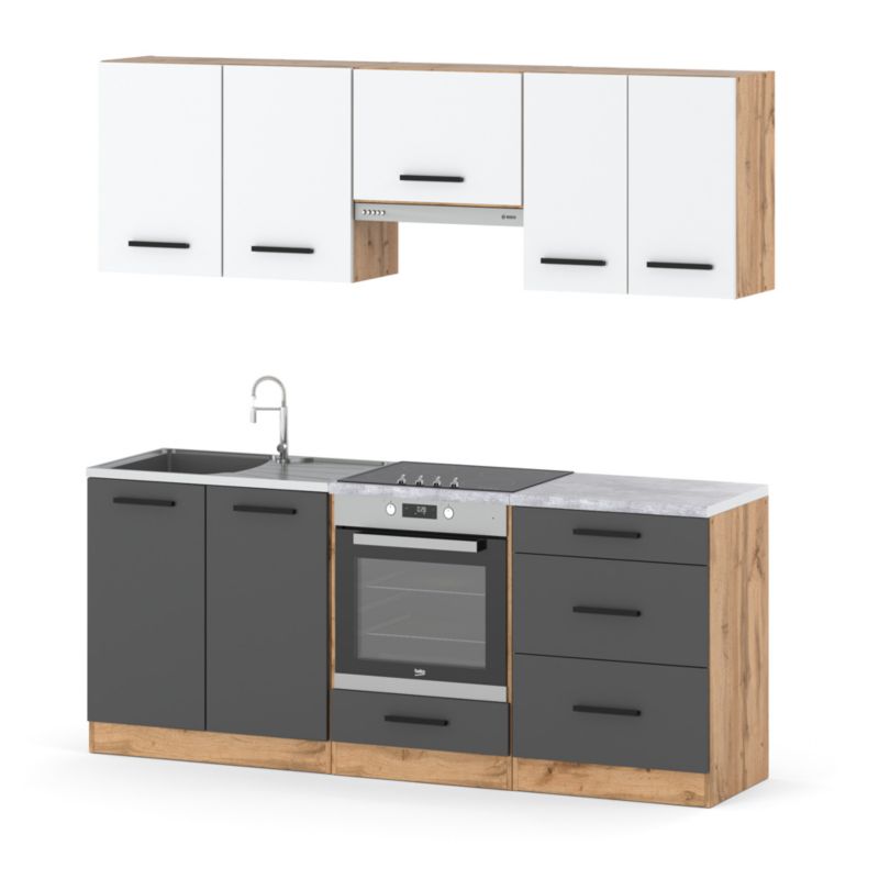 Zestaw Kuchenny Hurtownia-Mebli Z Blatem Kuchnia Mini Mokka Full 200cm Dąb Wotan Biały Mat/Szary Mat 200x47x145 cm 1szt.