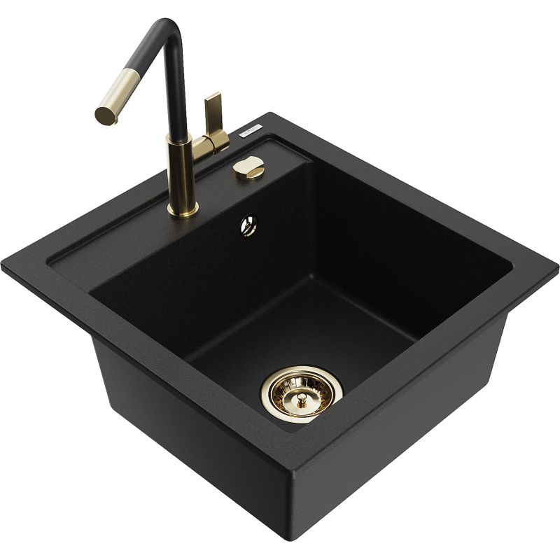 Zlewozmywak granitowy 1-komorowy Mexen Vito z baterią kuchenną Flora czarny 6503-77-670401-57-G