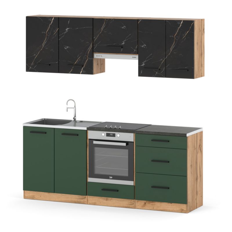 Zestaw Kuchenny Hurtownia-Mebli Z Blatem Kuchnia Mini Mokka Full 200cm Dąb Wotan San Sebastian/Butelkowa Zieleń 200x47x145 cm 1s