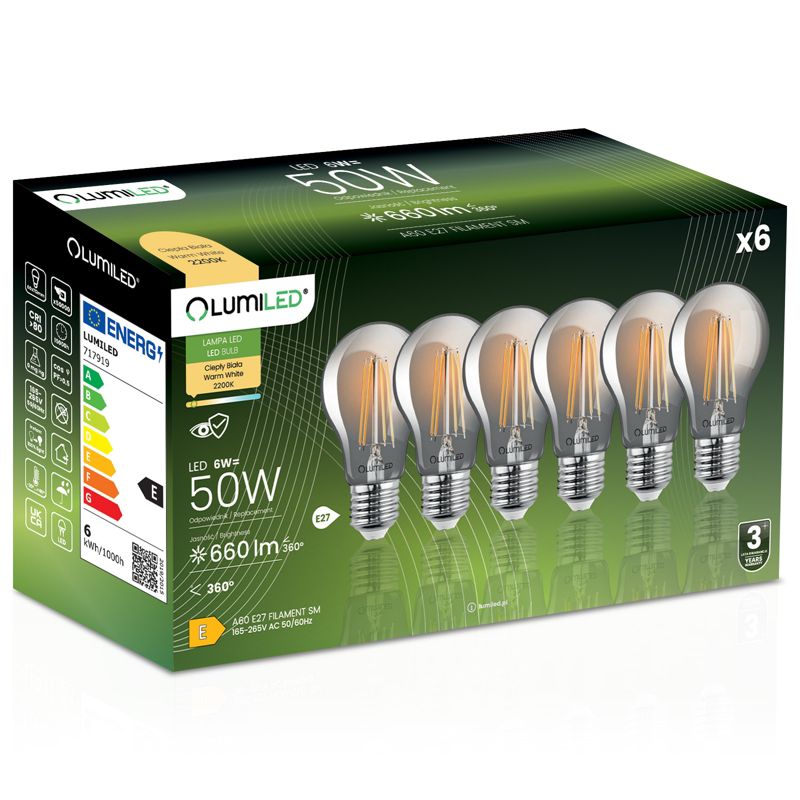 Żarówka LED Lumiled E27 A60 6W 660lm 2200K 360st Dymiona Filament 6 szt.