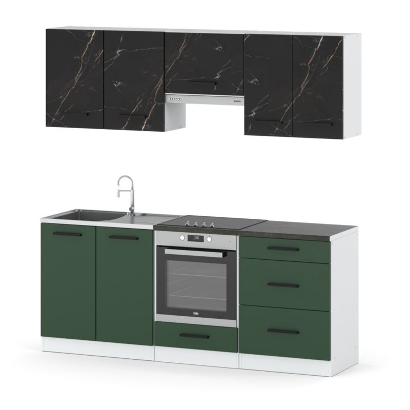 Zestaw Kuchenny Hurtownia-Mebli Z Blatem Kuchnia Mini Mokka Full 200cm Biały Mat San Sebastian/Butelkowa Zieleń 200x47x145 cm 1s