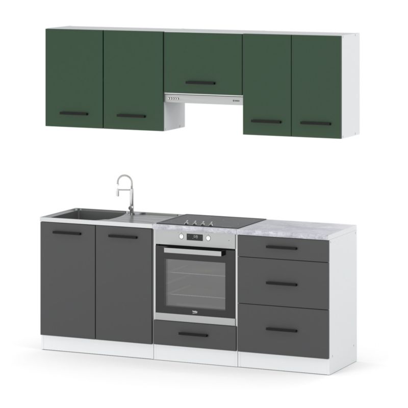 Zestaw Kuchenny Hurtownia-Mebli Z Blatem Kuchnia Mini Mokka Full 200cm Biały Mat Butelkowa Zieleń/Szary Mat 200x47x145 cm 1szt.