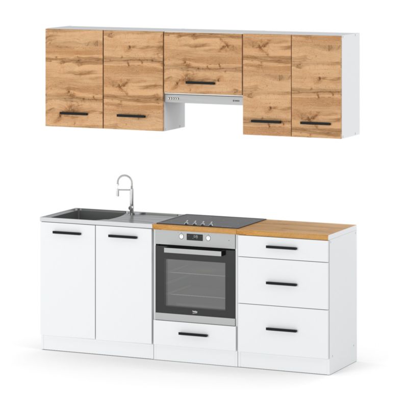 Zestaw Kuchenny Hurtownia-Mebli Z Blatem Kuchnia Mini Mokka Full 200cm Biały Mat Dąb Wotan/Biały Mat 200x47x145 cm 1szt.