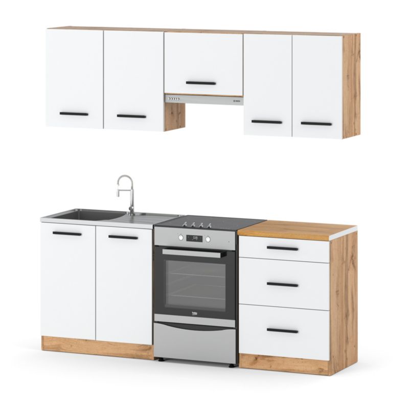 Zestaw Kuchenny Hurtownia-Mebli Z Blatem Kuchnia Mini Mokka Plus 200cm Dąb Wotan Biały Mat 200x47x145 cm 1szt.