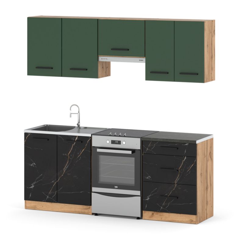 Zestaw Kuchenny Hurtownia-Mebli Z Blatem Kuchnia Mini Mokka Plus 200cm Dąb Wotan Butelkowa Zieleń/San Sebastian 200x47x145 cm 1s