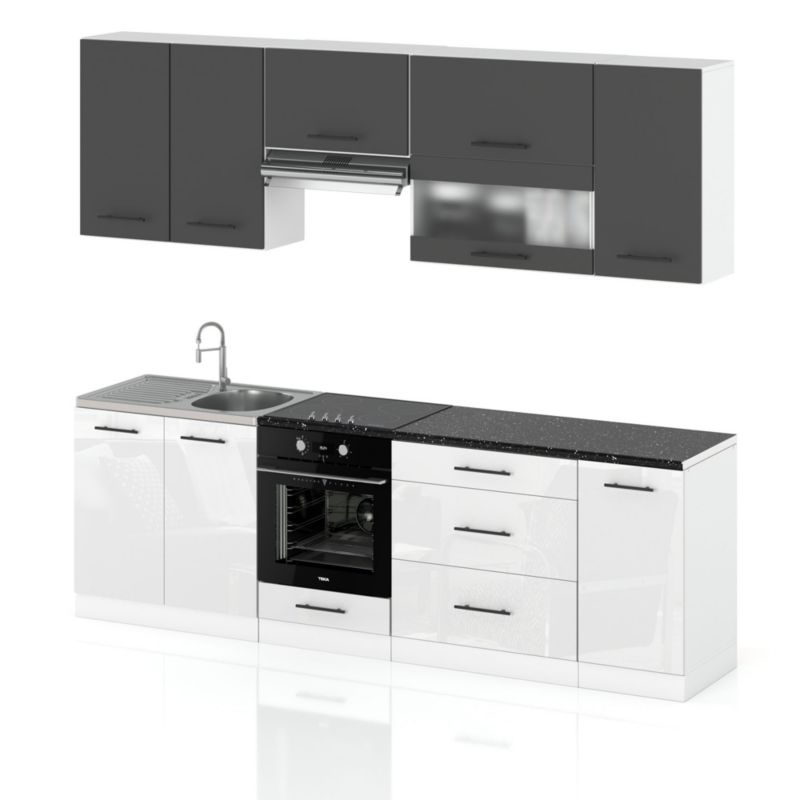 Zestaw Kuchenny Hurtownia-Mebli Z Blatem Kuchnia Marocco 260cm Biały Mat Szary Mat/Biały Połysk 260x52x157 cm 1szt.