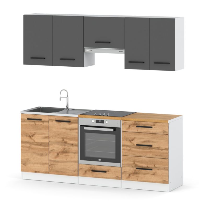 Zestaw Kuchenny Hurtownia-Mebli Z Blatem Kuchnia Mini Mokka Full 200cm Biały Mat Szary Mat/Dąb Wotan 200x47x145 cm 1szt.