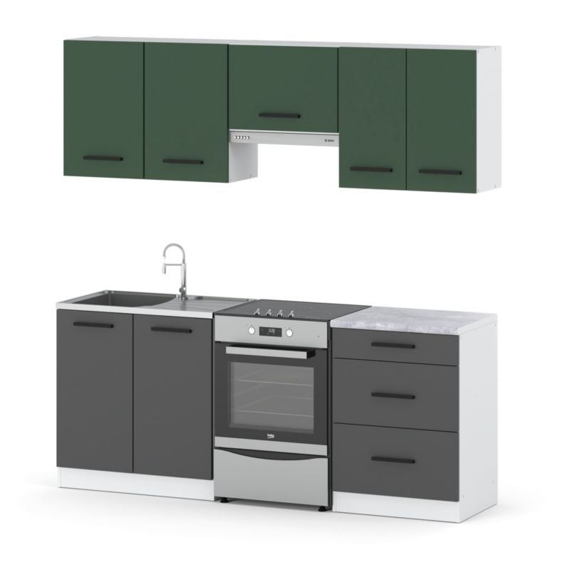 Zestaw Kuchenny Hurtownia-Mebli Z Blatem Kuchnia Mini Mokka Plus 200cm Biały Mat Butelkowa Zieleń/Szary Mat 200x47x145 cm 1szt.