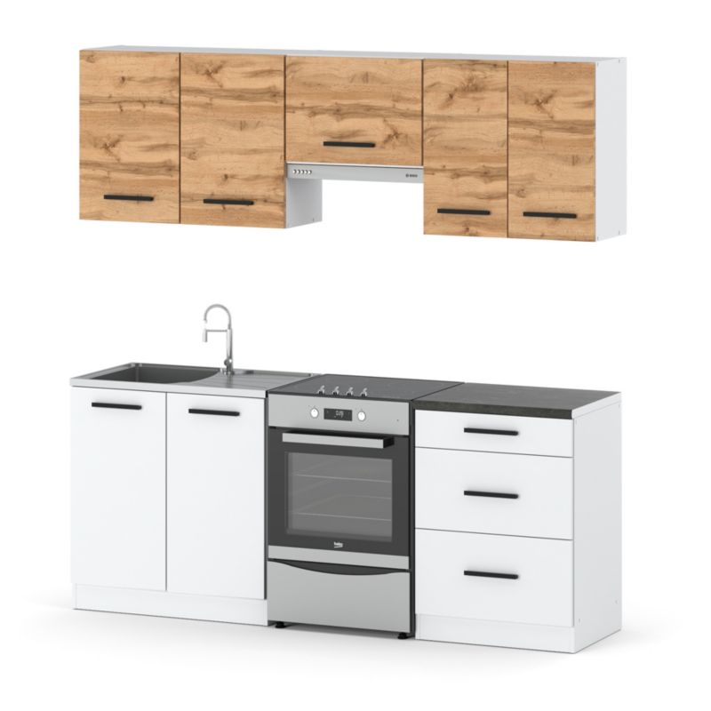 Zestaw Kuchenny Hurtownia-Mebli Z Blatem Kuchnia Mini Mokka Plus 200cm Biały Mat Dąb Wotan/Biały Mat 200x47x145 cm 1szt.