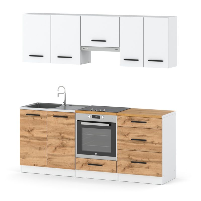 Zestaw Kuchenny Hurtownia-Mebli Z Blatem Kuchnia Mini Mokka Full 200cm Biały Mat Biały Mat/Dąb Wotan 200x47x145 cm 1szt.