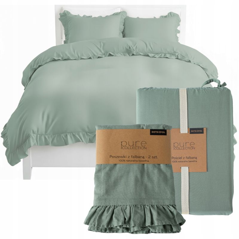 Pościel z falbaną Detexpol Pure 160x200cm + 2x poszewka 70x80cm bawełna miętowy 1 kpl.