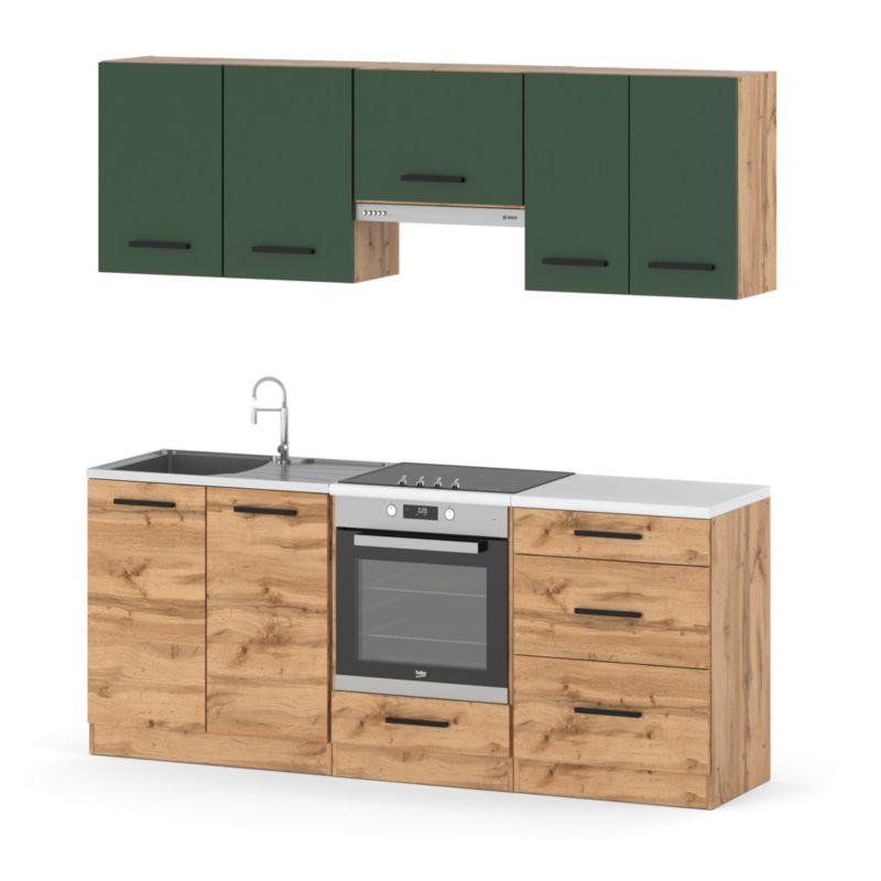 Zestaw Kuchenny Hurtownia-Mebli Z Blatem Kuchnia Mini Mokka Full 200cm Dąb Wotan Butelkowa Zieleń/Dąb Wotan 200x47x145 cm 1szt.