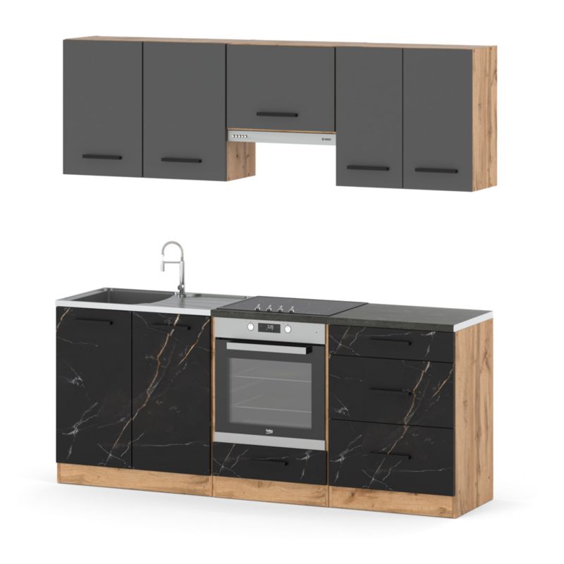 Zestaw Kuchenny Hurtownia-Mebli Z Blatem Kuchnia Mini Mokka Full 200cm Dąb Wotan Szary Mat/San Sebastian 200x47x145 cm 1szt.