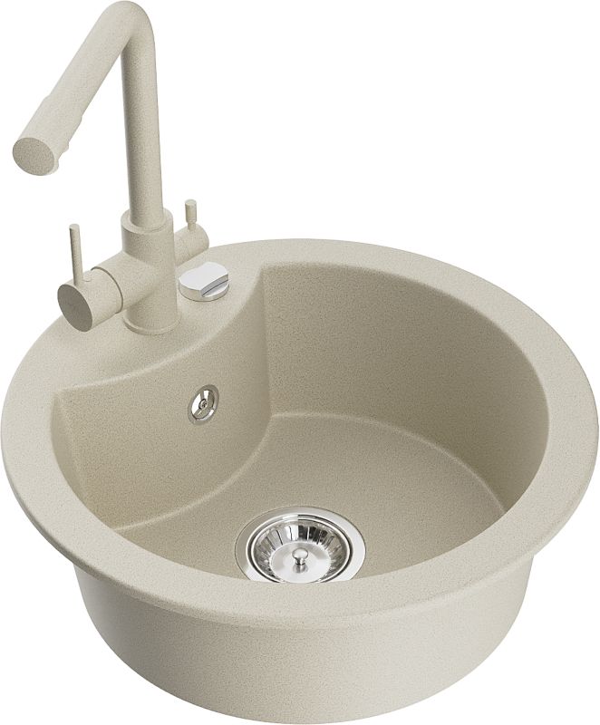 Zlewozmywak granitowy Mexen Diego 1-komorowy z baterią kuchenną Duero beżowy 6512-69-671600-69