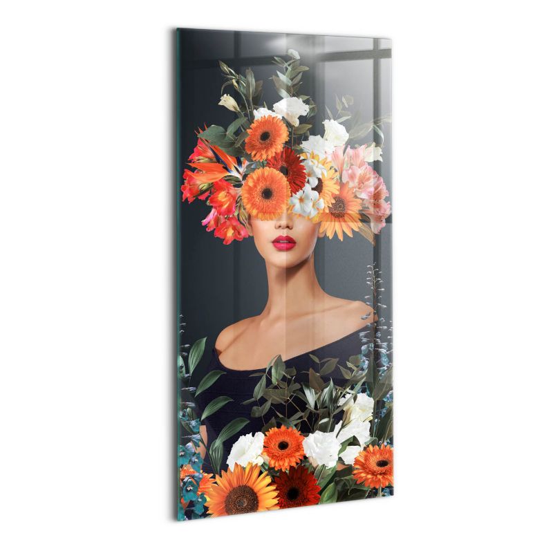 Foto Obraz Ścienny Szklany Wallfluent 50x100 cm Głowa kobiety w kwiatach 1 szt.