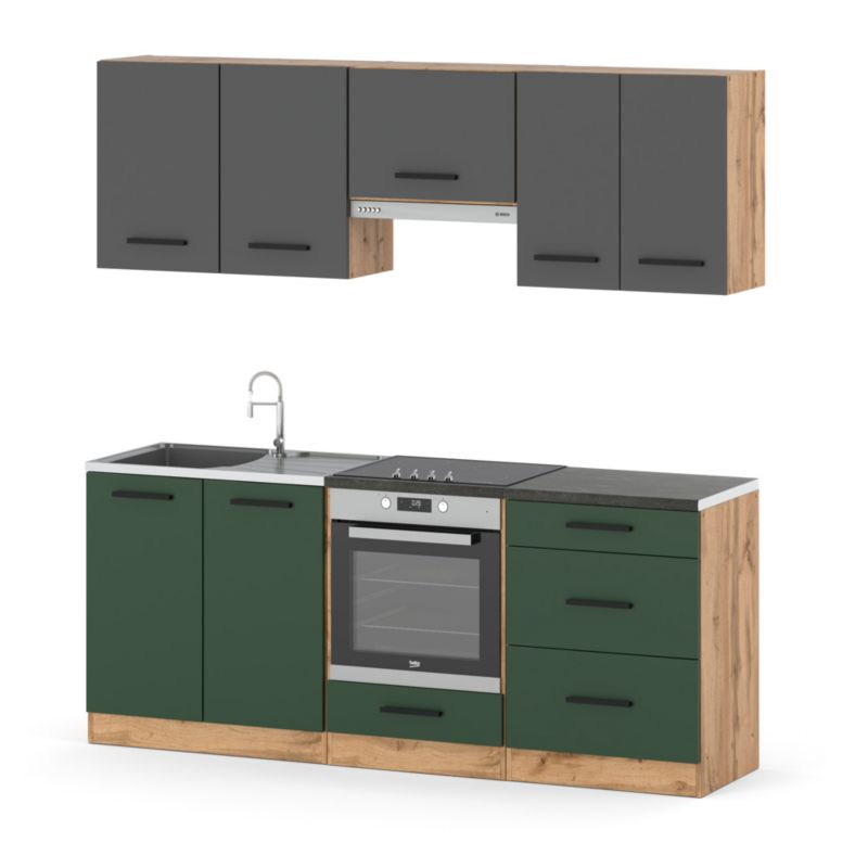 Zestaw Kuchenny Hurtownia-Mebli Z Blatem Kuchnia Mini Mokka Full 200cm Dąb Wotan Szary Mat/Butelkowa Zieleń 200x47x145 cm 1szt.