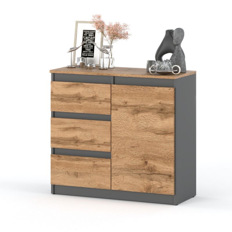 Komoda Hurtownia-Mebli Szuflady 3 Agnes Plus 1D3SZ 80cm Szary Mat Dąb Wotan 80x35x75 cm 1szt.