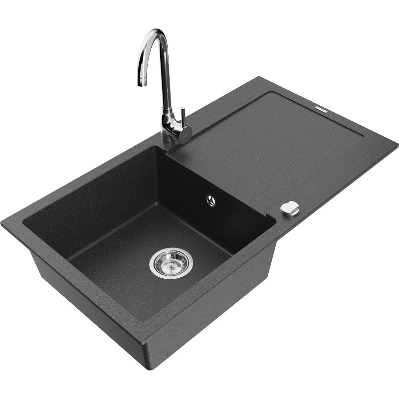 Zlewozmywak granitowy 1-komorowy Mexen Leo z ociekaczem i baterią kuchenną Telma czarny nakrapiany 6501-76-670200-00