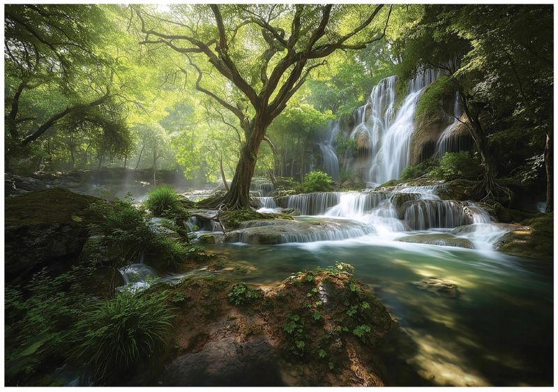 Fototapeta WALLARENA Do Sypialni Salonu Na Flizelinie Las Krajobraz Wodospad Zielony 300x210 cm 16049VX6 1 szt.