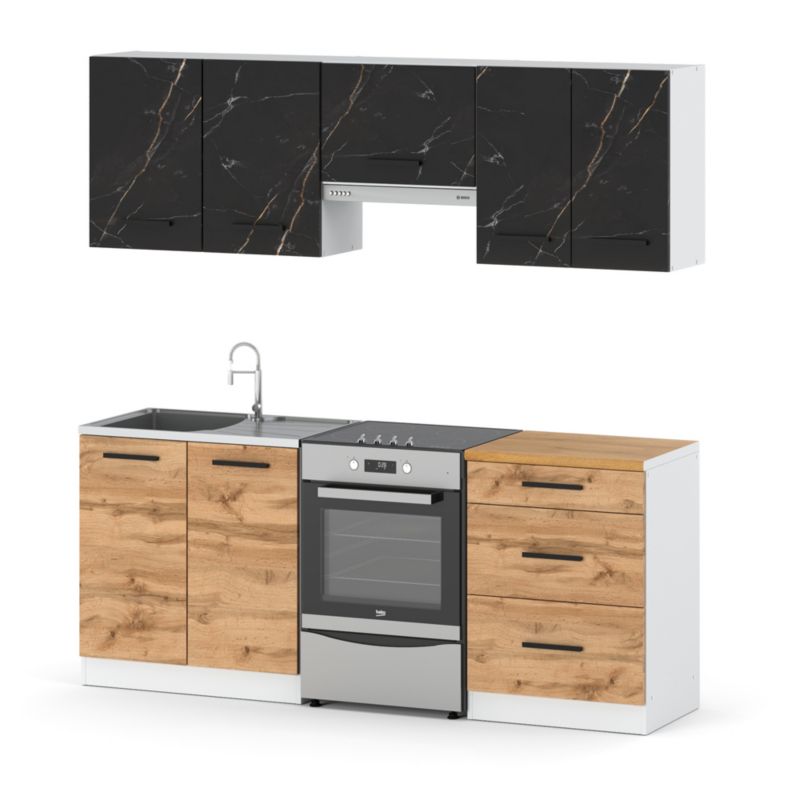 Zestaw Kuchenny Hurtownia-Mebli Z Blatem Kuchnia Mini Mokka Plus 200cm Biały Mat San Sebastian/Dąb Wotan 200x47x145 cm 1szt.