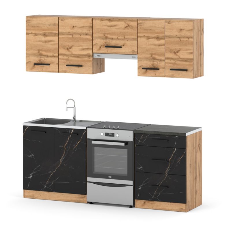 Zestaw Kuchenny Hurtownia-Mebli Z Blatem Kuchnia Mini Mokka Plus 200cm Dąb Wotan Dąb Wotan/San Sebastian 200x47x145 cm 1szt.