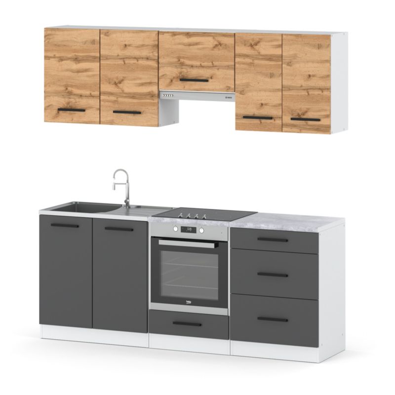 Zestaw Kuchenny Hurtownia-Mebli Z Blatem Kuchnia Mini Mokka Full 200cm Biały Mat Dąb Wotan/Szary Mat 200x47x145 cm 1szt.