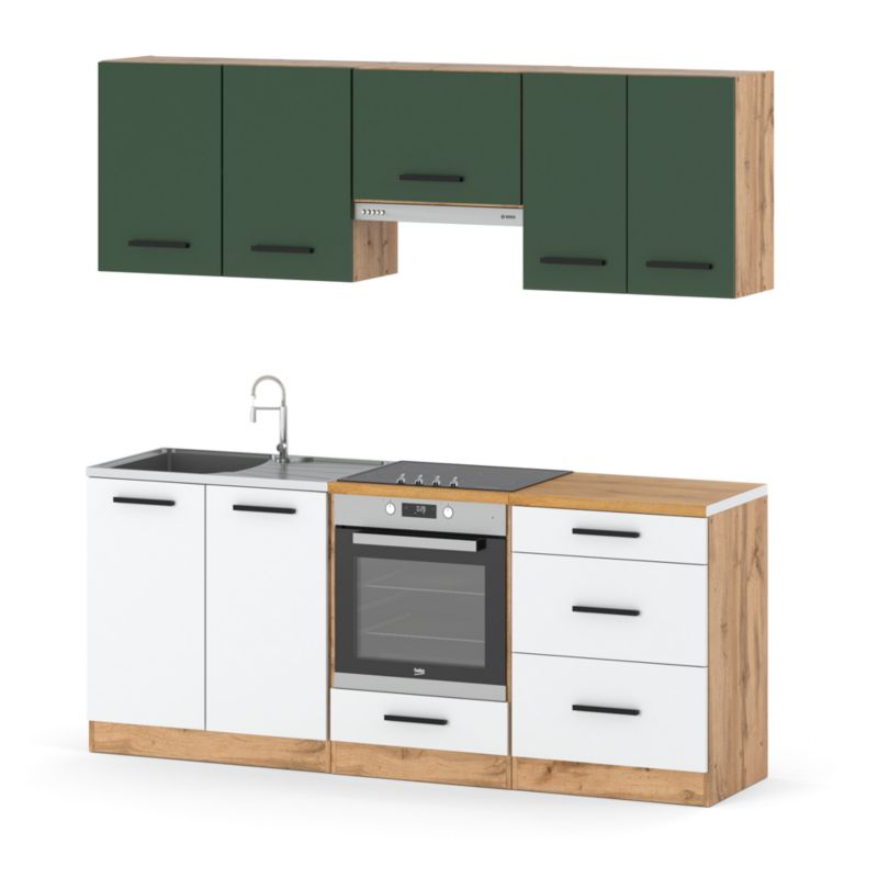 Zestaw Kuchenny Hurtownia-Mebli Z Blatem Kuchnia Mini Mokka Full 200cm Dąb Wotan Butelkowa Zieleń/Biały Mat 200x47x145 cm 1szt.
