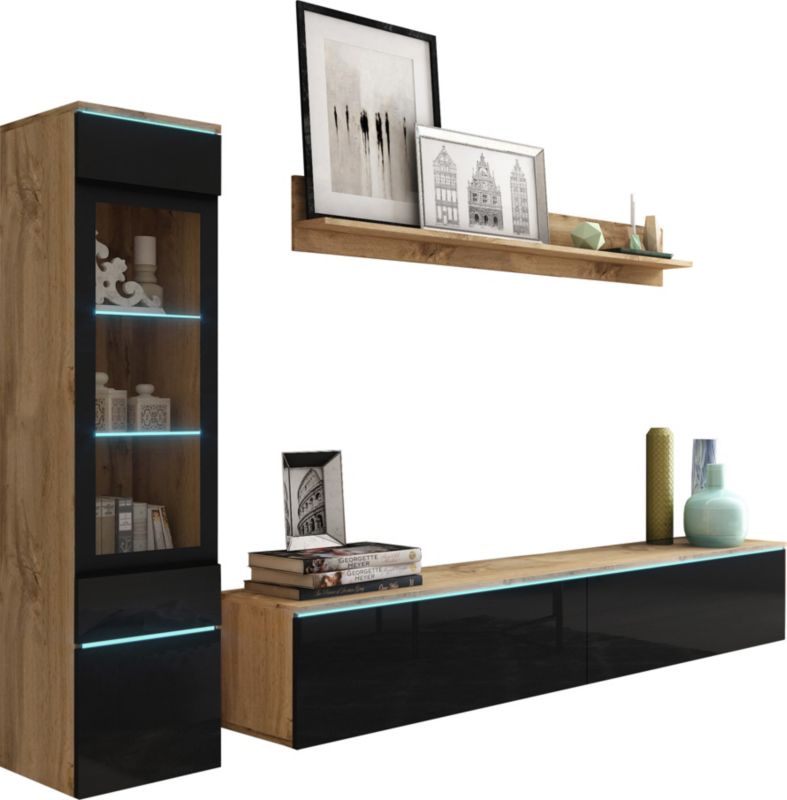 Meblościanka MINIO go for it VEVE 1 dąb wotan/czarny połysk z LED, 1 szt.