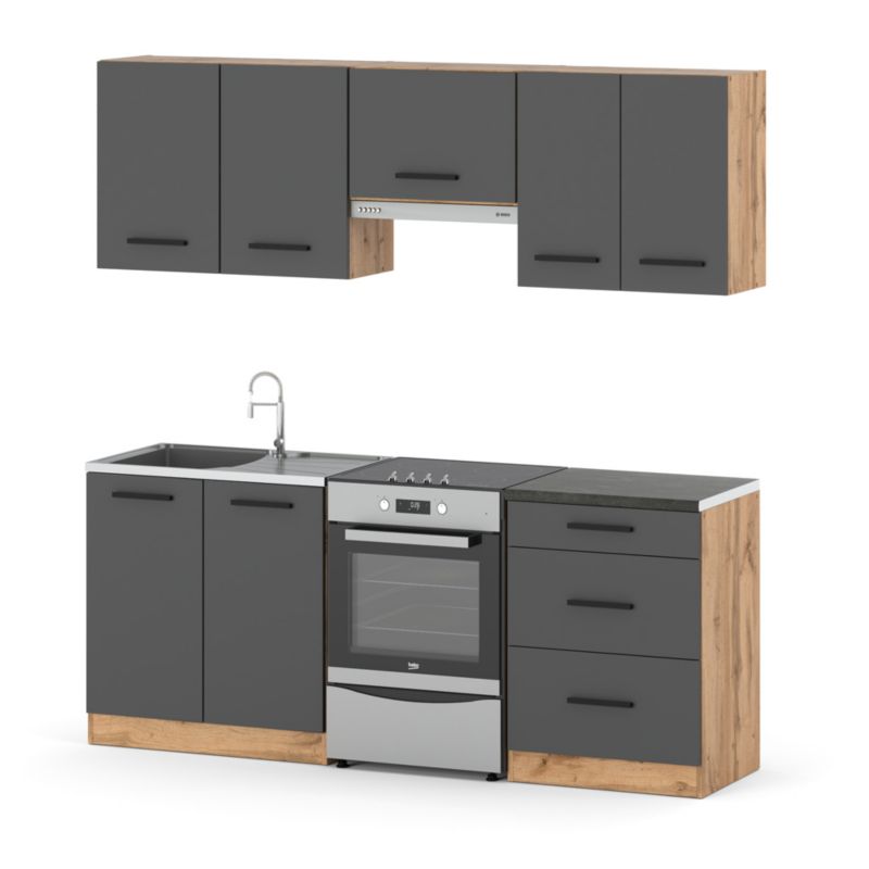 Zestaw Kuchenny Hurtownia-Mebli Z Blatem Kuchnia Mini Mokka Plus 200cm Dąb Wotan Szary Mat 200x47x145 cm 1szt.
